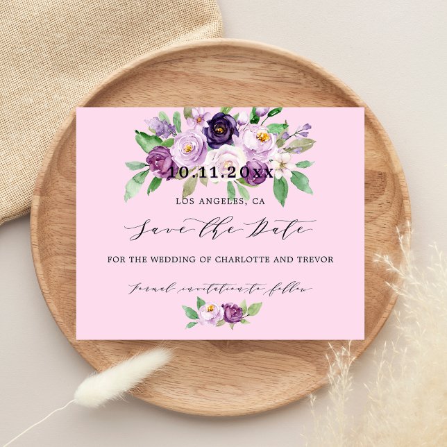 Pink purple flowers budget wedding save the date (Creator Uploaded)