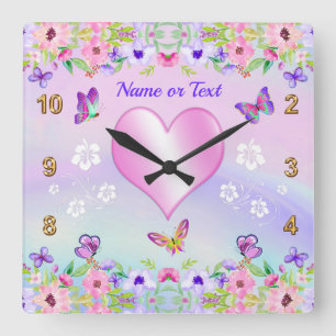 Pink, Purple, Flowers, Butterflies Clock with Name