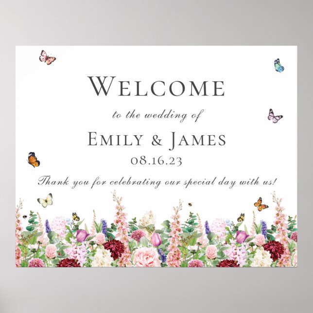 Pink Purple Flowers & Butterflies Welcome Poster (Front)