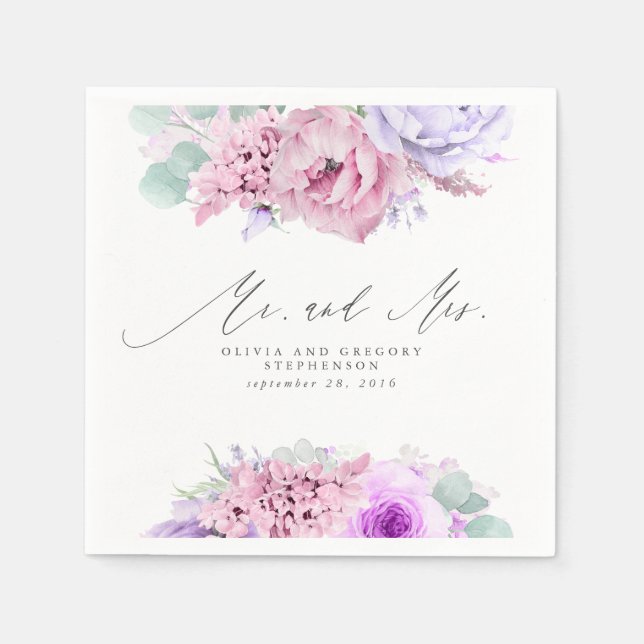 Pink Purple Flowers Elegant Botanical Mr and Mrs Napkin (Front)