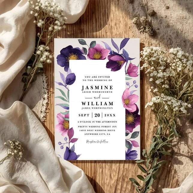 Pink Purple Flowers Elegant Modern QR Code Wedding Invitation (Creator Uploaded)