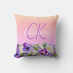 Pink purple flowers name monogram script throw pillow