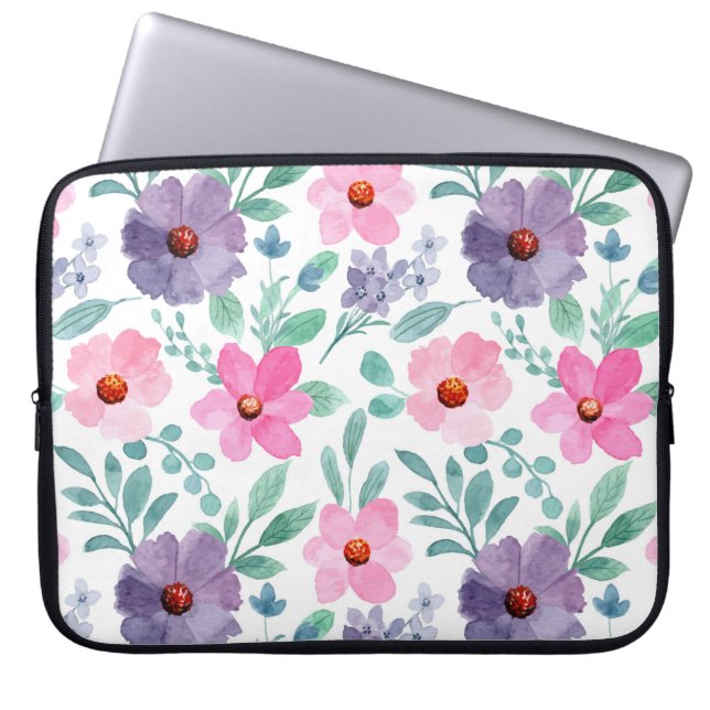 Pink Purple Flowers Pretty Girly Laptop Sleeve Bag (Front)