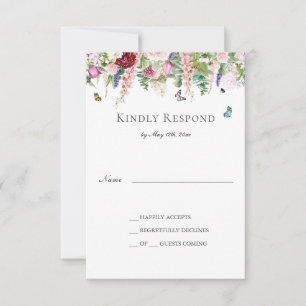 Pink Purple Flowers with Butterflies RSVP Card