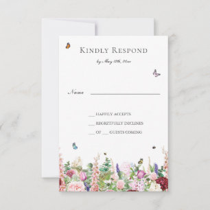 Pink Purple Flowers with Butterflies RSVP Card