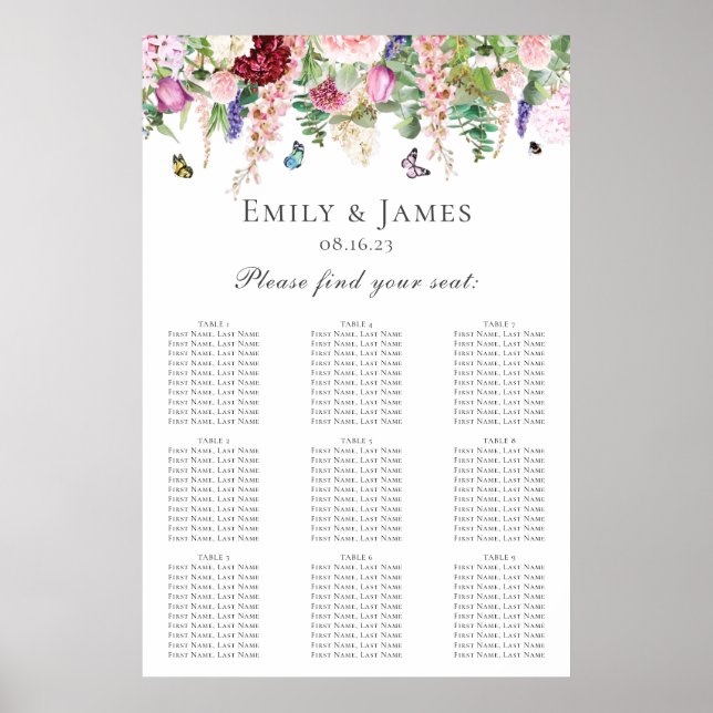 Pink Purple Flowers with Butterflies Seating Chart (Front)