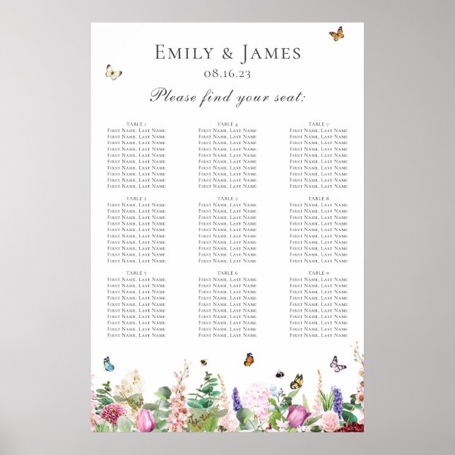 Pink Purple Flowers with Butterflies Seating Chart (Front)