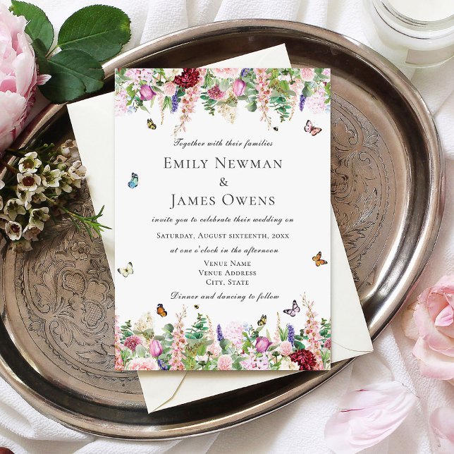 Pink Purple Flowers with Butterflies Wedding Invitation (Creator Uploaded)
