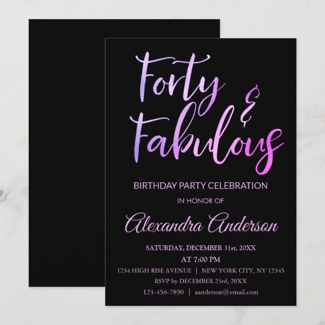 Pink Purple Foil Forty and Fabulous Birthday Invitation (Front/Back)