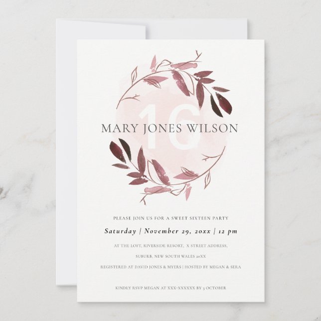 PINK PURPLE FOLIAGE WREATH SWEET 16 CARTE D'ANNIVE (Devant)