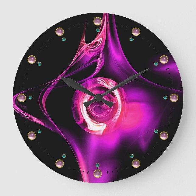 PINK PURPLE FRACTAL ROSE IN BLACK WITH GEMSTONES LARGE CLOCK (Front)