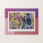 Pink purple fun colourful personalized photo jigsaw puzzle<br><div class="desc">A fun and colourful stripe pattern in shades of pink and purple surrounds a single horizontal photo with custom text. This photo gift is perfect for all ages - from kids to grandparents to commemorate a fun photo or event.</div>