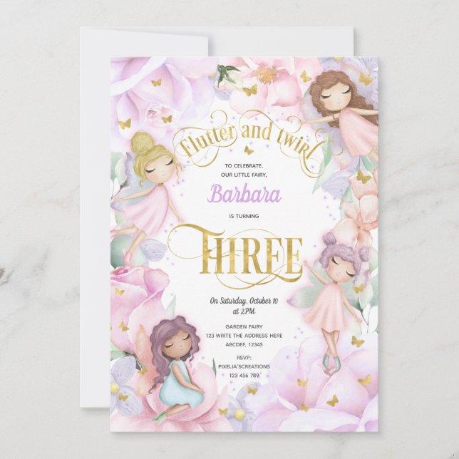Pink purple garden enchanted fairy, 3rd birthday invitation (Front)