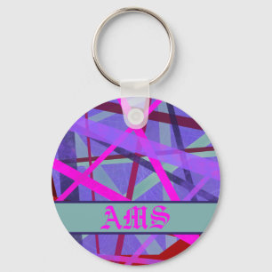 Pink & Purple Geometric Lines Pattern Monogram Keychain