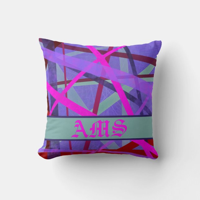 Pink & Purple Geometric Lines Pattern Monogram Throw Pillow (Front)