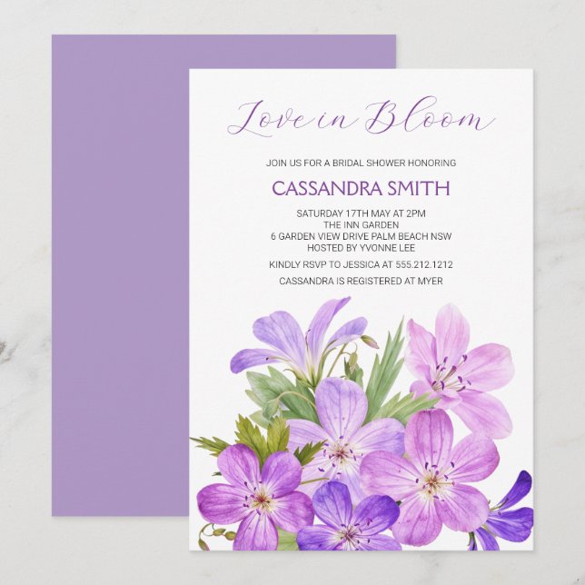Pink Purple Geranium Floral Bridal Shower Invitation (Front/Back)