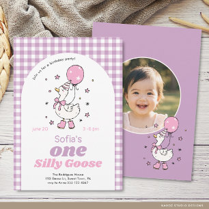 Pink Purple Girl One Silly Goose 1st Birthday Invitation