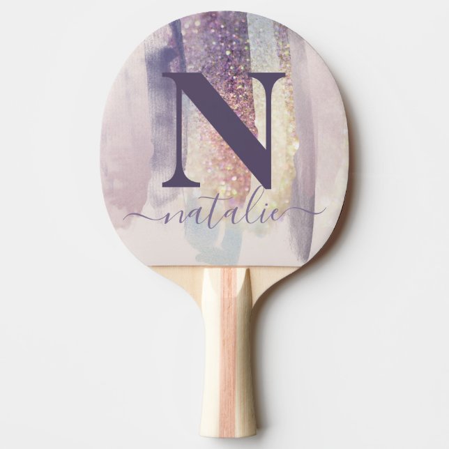 Pink purple girly glitter sparkly personalized ping pong paddle (Front)
