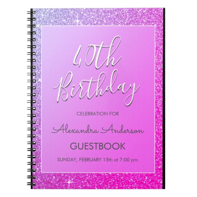 Pink Purple Glitter 40th Birthday Guestbook Notebook (Front)