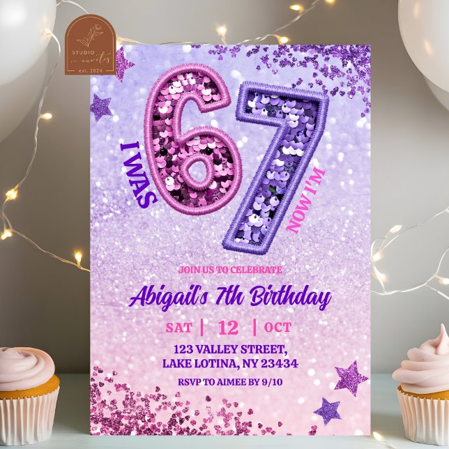 Pink Purple Glitter 67 Birthday Party Invitation (Creator Uploaded)