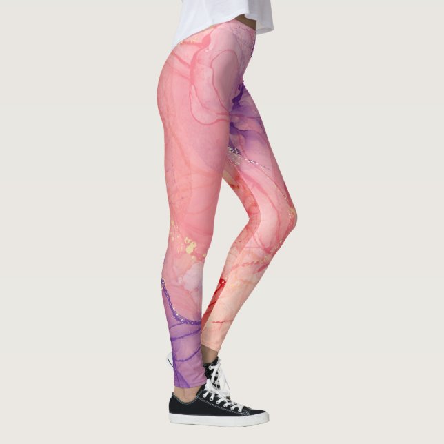 Pink Purple Glitter Abstract Ink Watercolor Paint Leggings (Right)