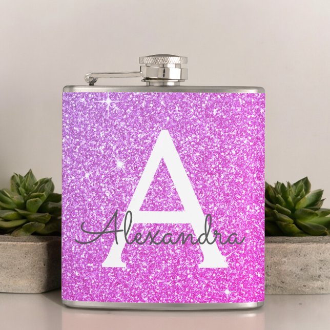 Pink Purple Glitter and Sparkle Monogram Hip Flask (Creator Uploaded)