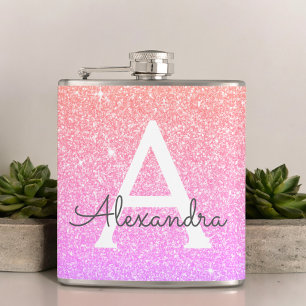 Pink Purple Glitter and Sparkle Monogram Hip Flask
