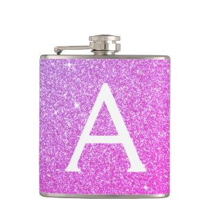 Pink Purple Glitter and Sparkle Monogram Hip Flask