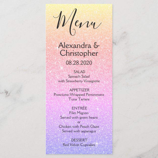 Pink Purple Glitter and Sparkle Wedding Menu (Front)