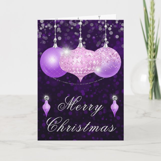 Pink & Purple Glitter Baubles Christmas Holiday Card (Front)