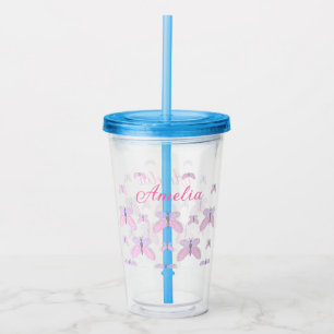 Pink purple glitter butterfly add name text letter acrylic tumbler