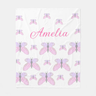 Pink purple glitter butterfly add name text letter fleece blanket