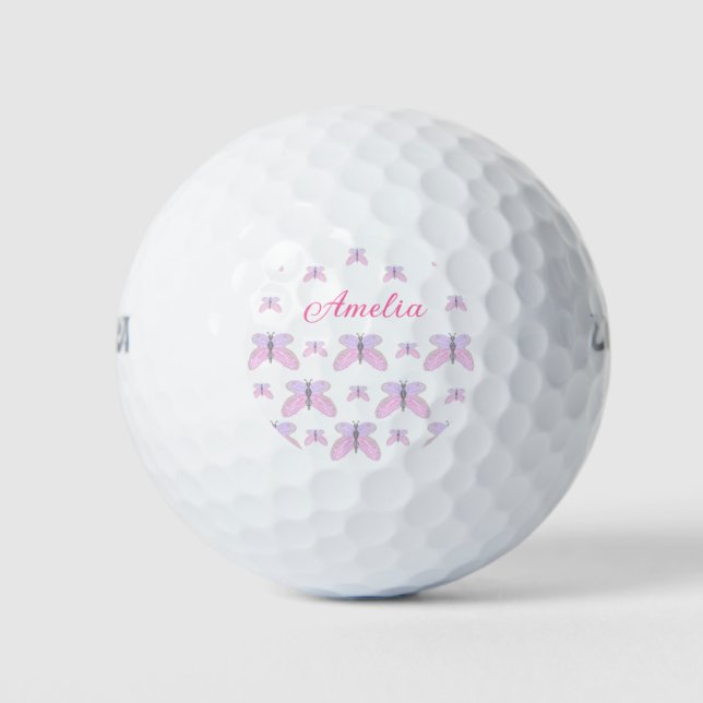 Pink purple glitter butterfly add name text letter golf balls (Front)