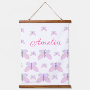 Pink purple glitter butterfly add name text letter hanging tapestry