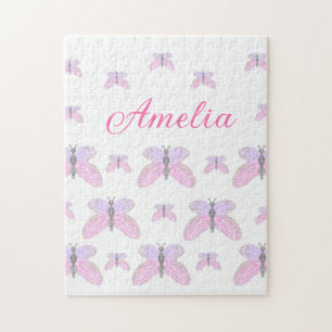 Pink purple glitter butterfly add name text letter jigsaw puzzle