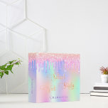 Pink purple glitter drips holographic school  binder<br><div class="desc">A trendy holographic coloured background with unicorn and rainbow pastel colours in pink,  purple,  rose gold,  mint green. Decorated with faux glitter drips in rose gold,  pink and purple. Personalize and add a name.  Golden text: School,  work,  study
Spine: add a text.</div>