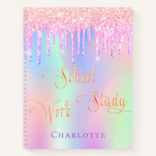 Pink purple glitter drips holographic school notebook