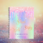 Pink purple glitter drips holographic school planner<br><div class="desc">A trendy holographic coloured background with unicorn and rainbow pastel colours in pink,  purple,  mint green. Decorated with faux glitter drips in pink and purple. Personalize and add a name.  Golden text: School,  work,  study</div>