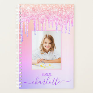 Pink purple glitter drips photo girl 2026 planner