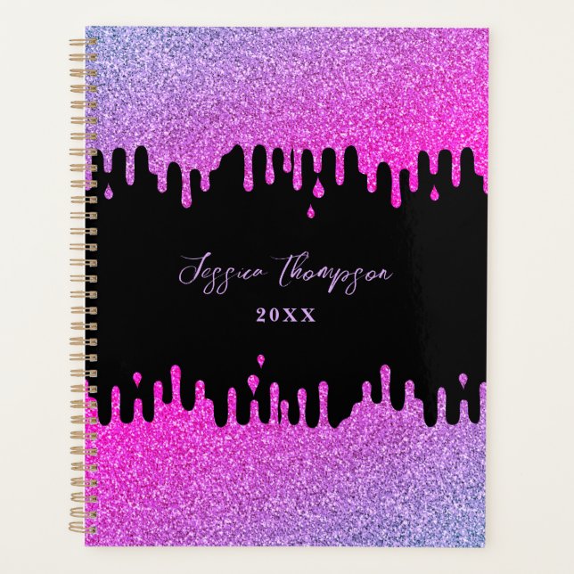 Pink & Purple Glitter Drips Signature Script Planner (Front)