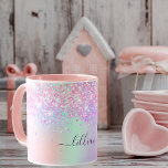 Pink purple glitter dust holographic name script mug<br><div class="desc">A trendy holographic background with unicorn and rainbow pastel colours in pink, purple, rose gold, mint green. Decorated with faux glitter dust. Personalize and add a name, written with a modern hand lettered style script with swashes. Purple coloured letters. To keep the swashes only delete the sample name, leave the...</div>