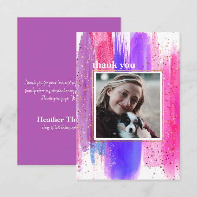 Pink & Purple Glitter Graduation Thank You Card (Front/Back)