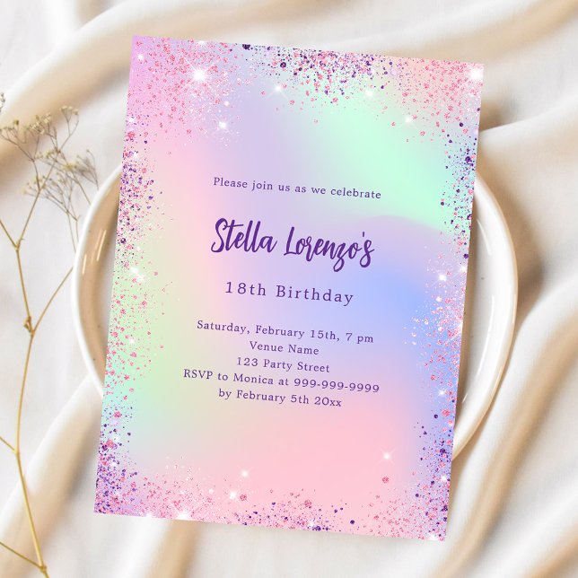Pink purple glitter holographic birthday invitation (Creator Uploaded)