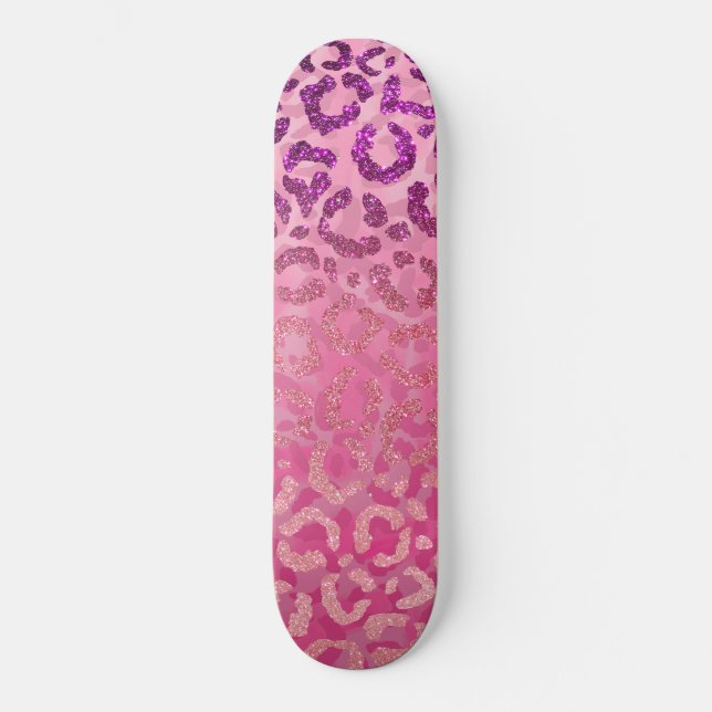 Pink Purple Glitter Leopard Animal Print Gradient Skateboard (Front)