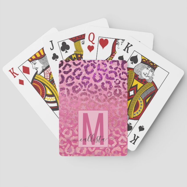 Pink Purple Glitter Leopard Animal Print Monogram Playing Cards (Back)