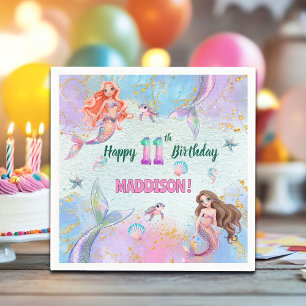 Pink Purple Glitter Mermaids 11th Birthday Party Napkin
