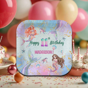 Pink Purple Glitter Mermaids 11th Birthday Party Paper Plate