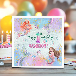 Pink Purple Glitter Mermaids 1st Birthday Party Napkin