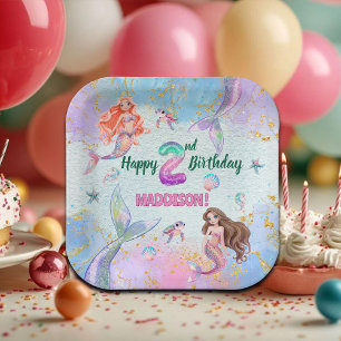 Pink Purple Glitter Mermaids 2nd Birthday Party Paper Plate