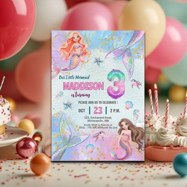 Pink Purple Glitter Mermaids 3rd Birthday Party Invitation (Creator Uploaded)